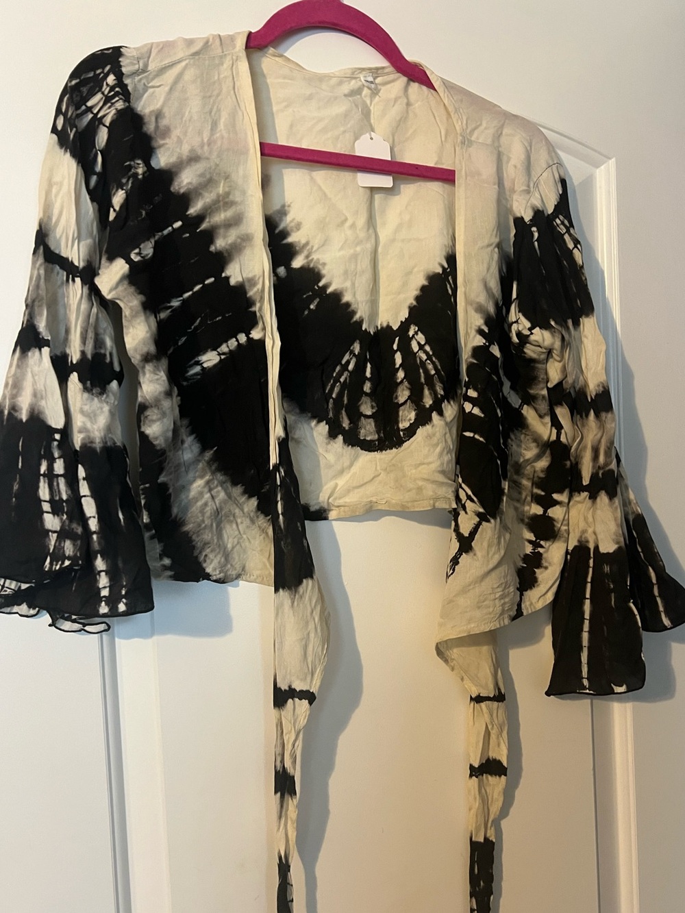 Tie-Dye Black & Cream Tie Front Women's Top